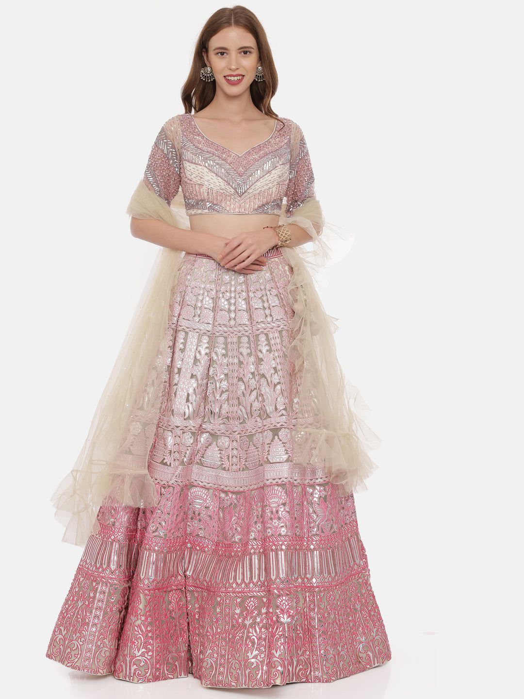 Neerus Pink Color Nett Fabric Ghagra Set