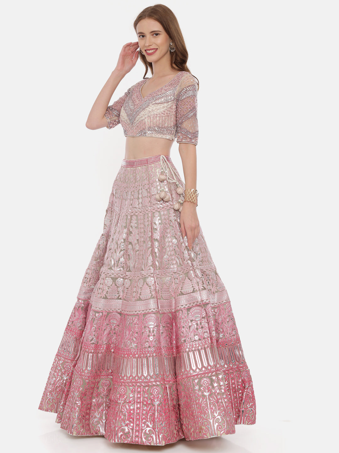 Neerus Pink Color Nett Fabric Ghagra Set