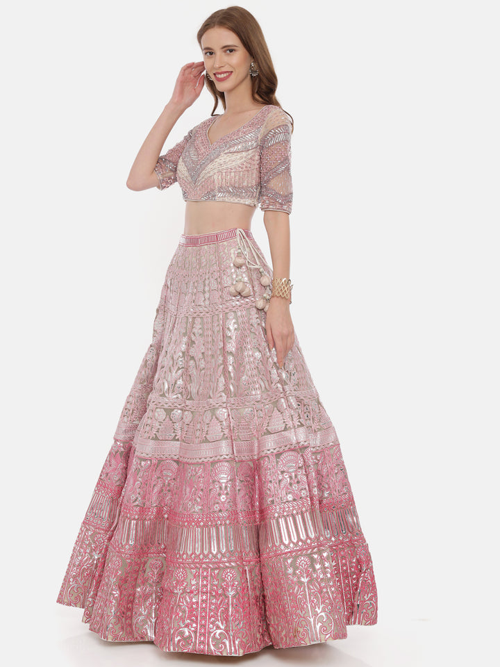 Neerus Pink Color Nett Fabric Ghagra Set