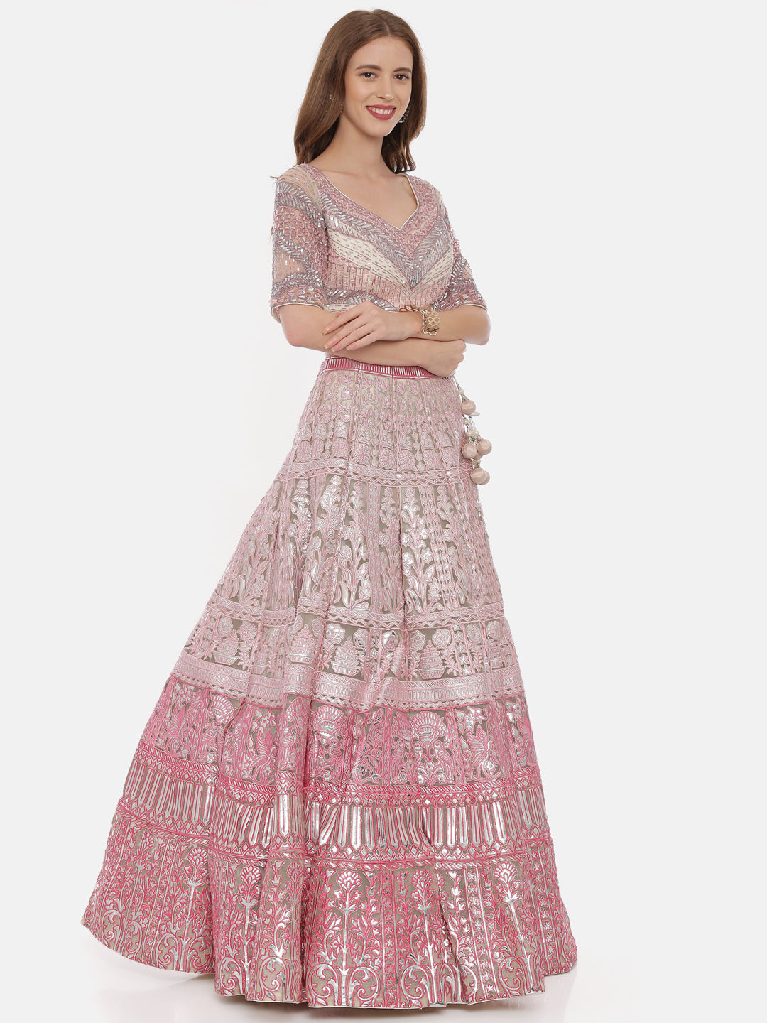 Neerus Pink Color Nett Fabric Ghagra Set