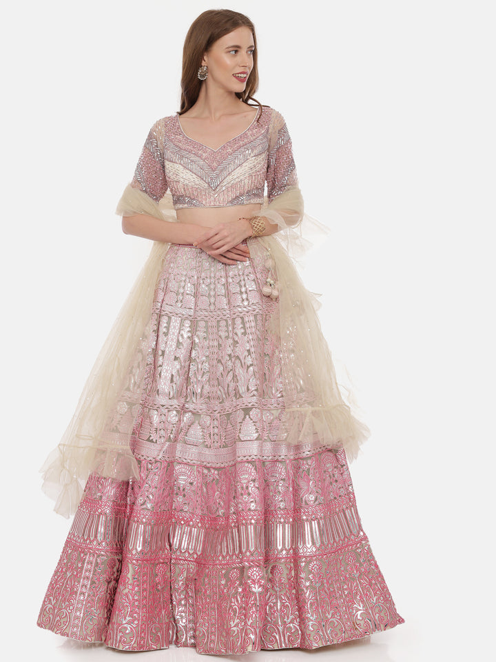 Neerus Pink Color Nett Fabric Ghagra Set
