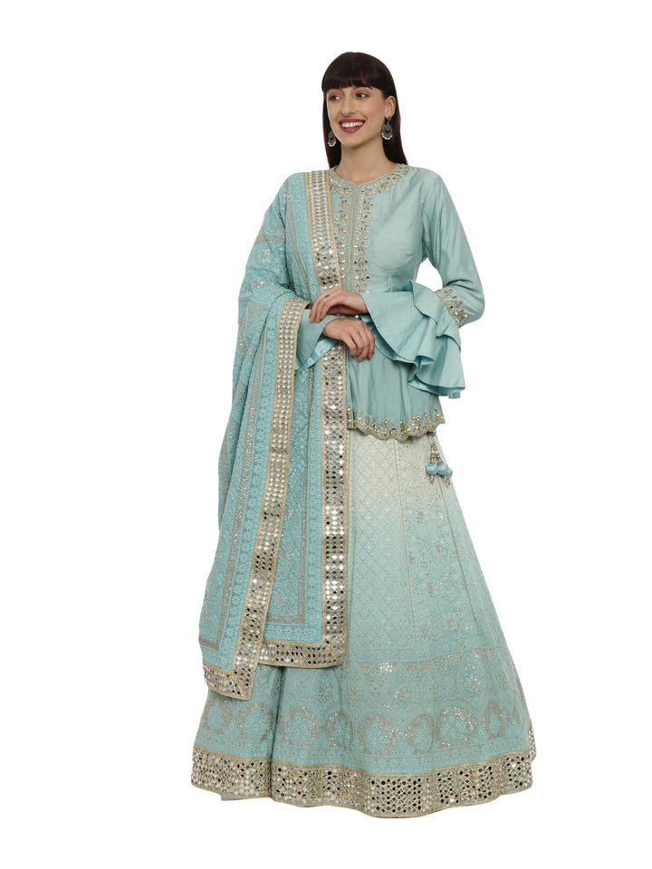 Neerus Sky Blue Color Chiken Fabric Ghagra Set