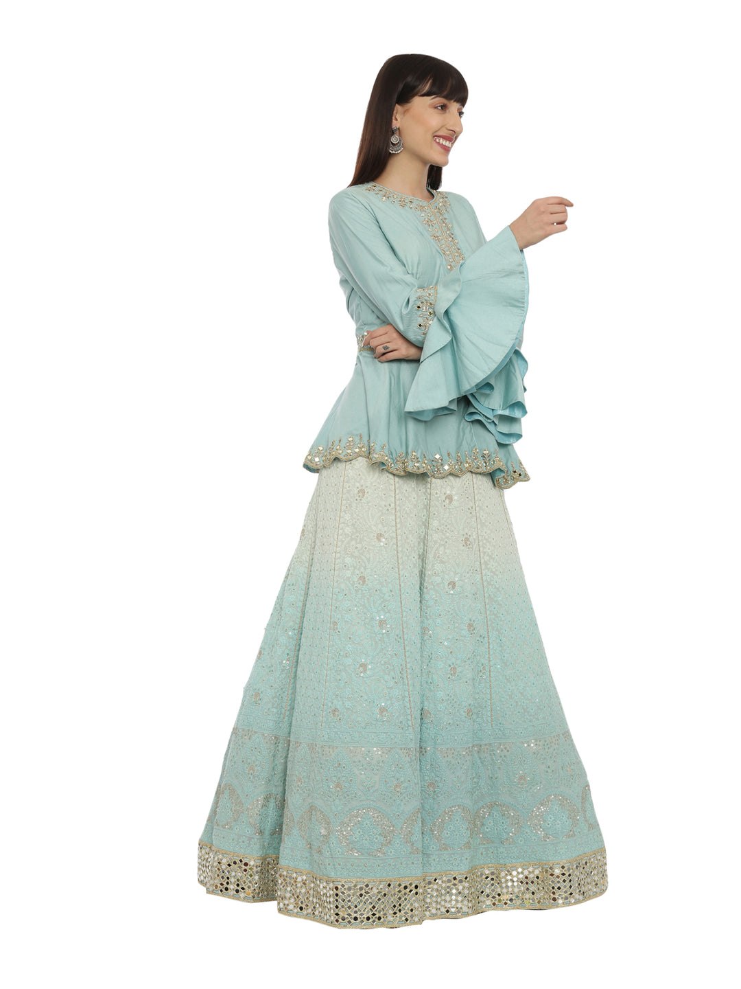 Neerus Sky Blue Color Chiken Fabric Ghagra Set