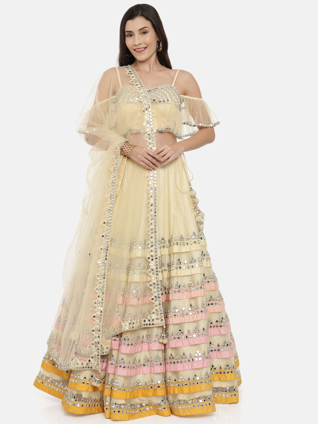 Neerus Ivory Color Nett Fabric Ghagra Set