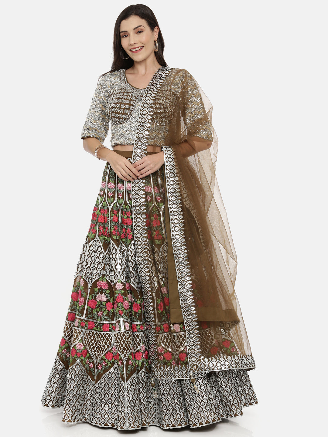 Neeru'S Mehadi Color Nett Fabric Ghagra Set