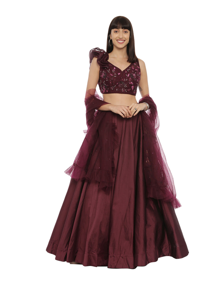 Neerus Wine Color Tuffeta Fabric Ghagra Set
