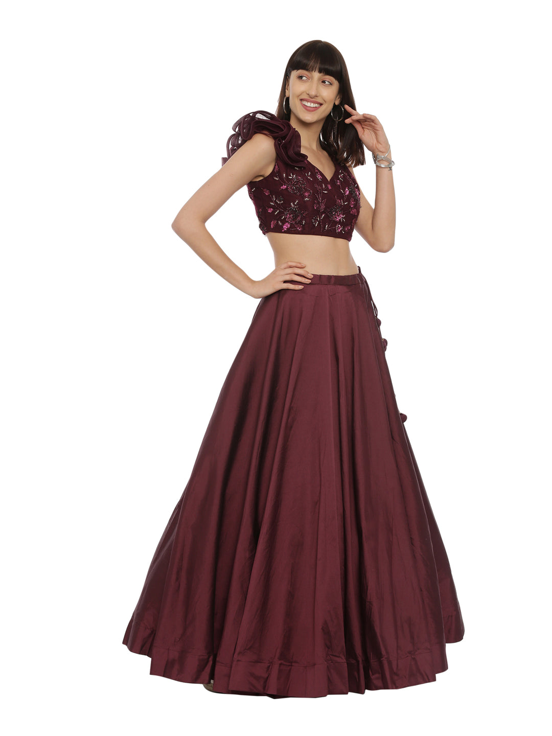 Neerus Wine Color Tuffeta Fabric Ghagra Set