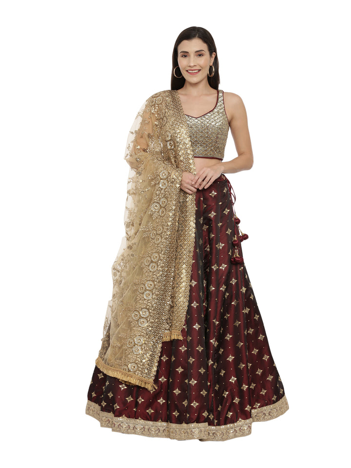 Neerus Maroon Color Tuffeta Fabric Ghagra Set