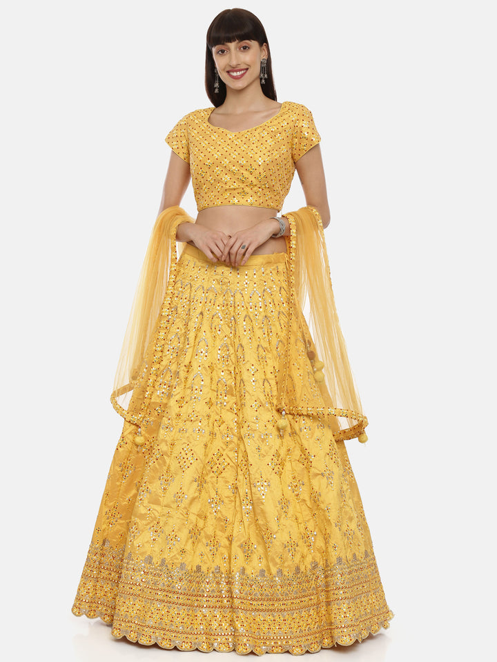 Neerus Yellow silk embellished lehenga ghagra set - front view