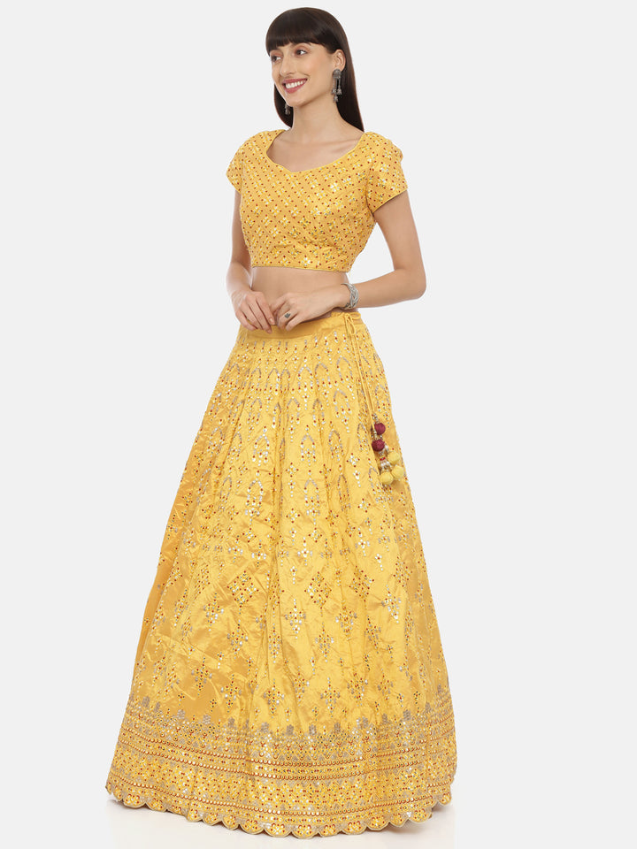 Neerus Yellow silk embellished lehenga ghagra set - detail view 1