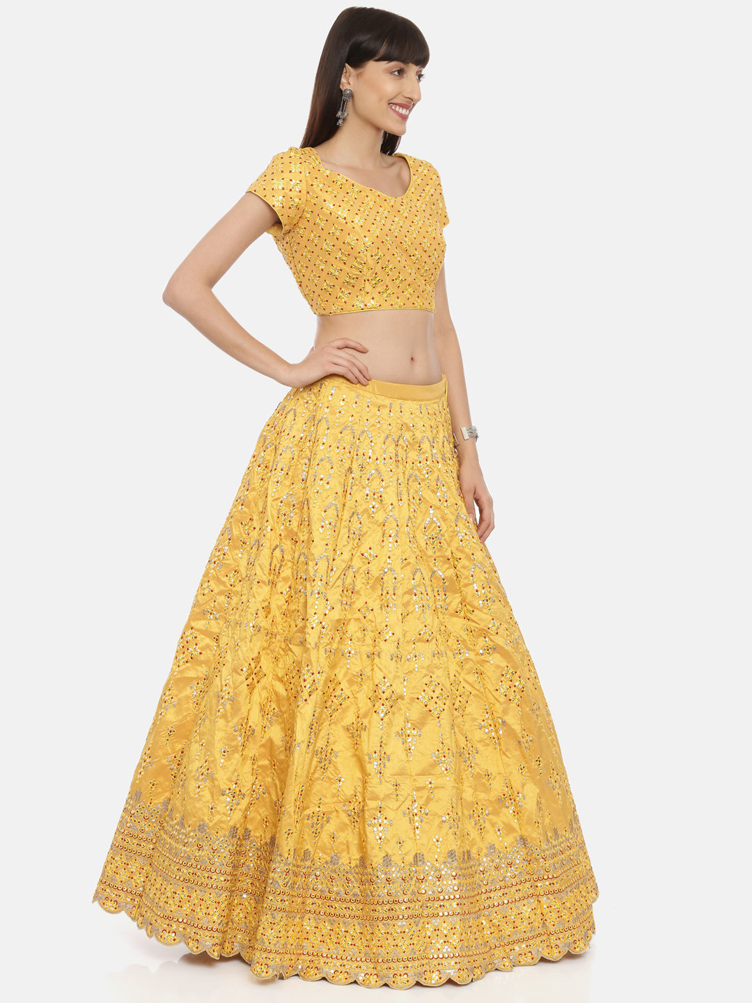 Neerus Yellow silk embellished lehenga ghagra set - detail view 2