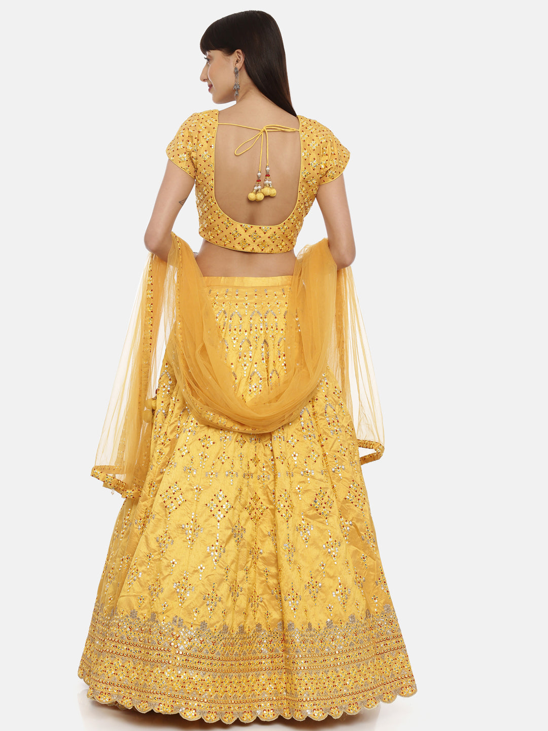 Neerus Yellow silk embellished lehenga ghagra set - detail view 3
