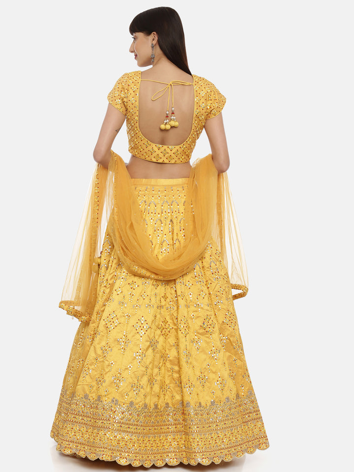 Neerus Yellow silk embellished lehenga ghagra set - detail view 3