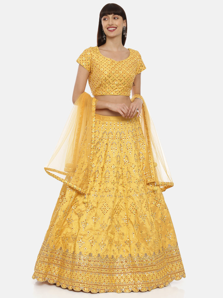Neerus Yellow silk embellished lehenga ghagra set - detail view 4