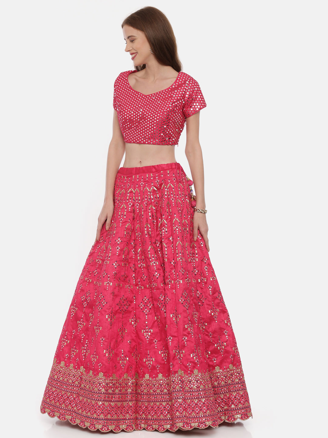 Neerus Pink net embellished lehenga set - side view