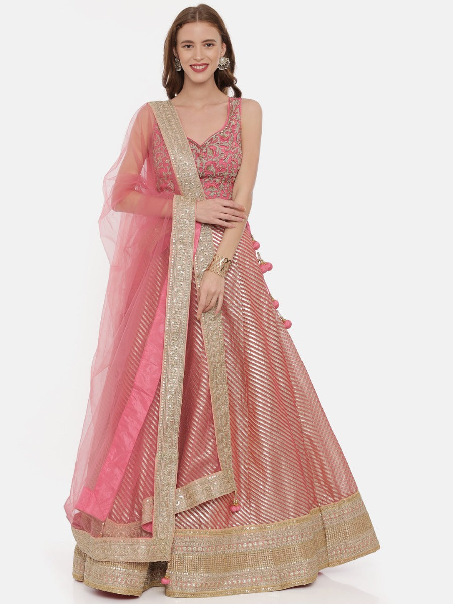 Neerus Pink Chanderi woven lehenga ghagra set - back view