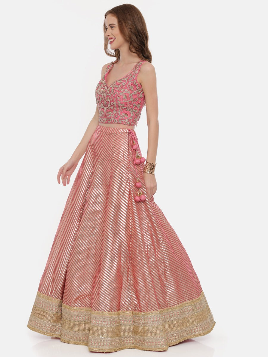 Neerus Pink Chanderi woven lehenga ghagra set - detail view 2