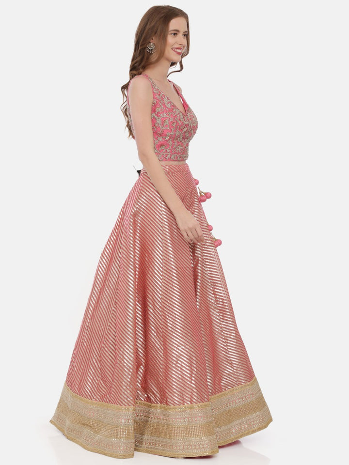 Neerus Pink Chanderi woven lehenga ghagra set - side view