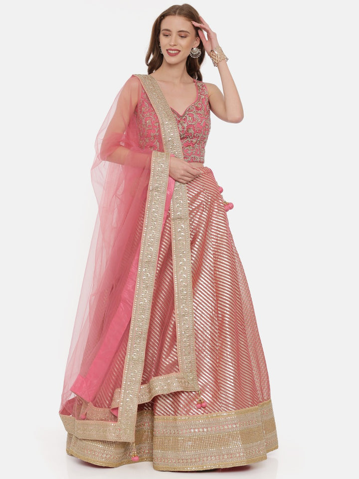 Neerus Pink Chanderi woven lehenga ghagra set - front view