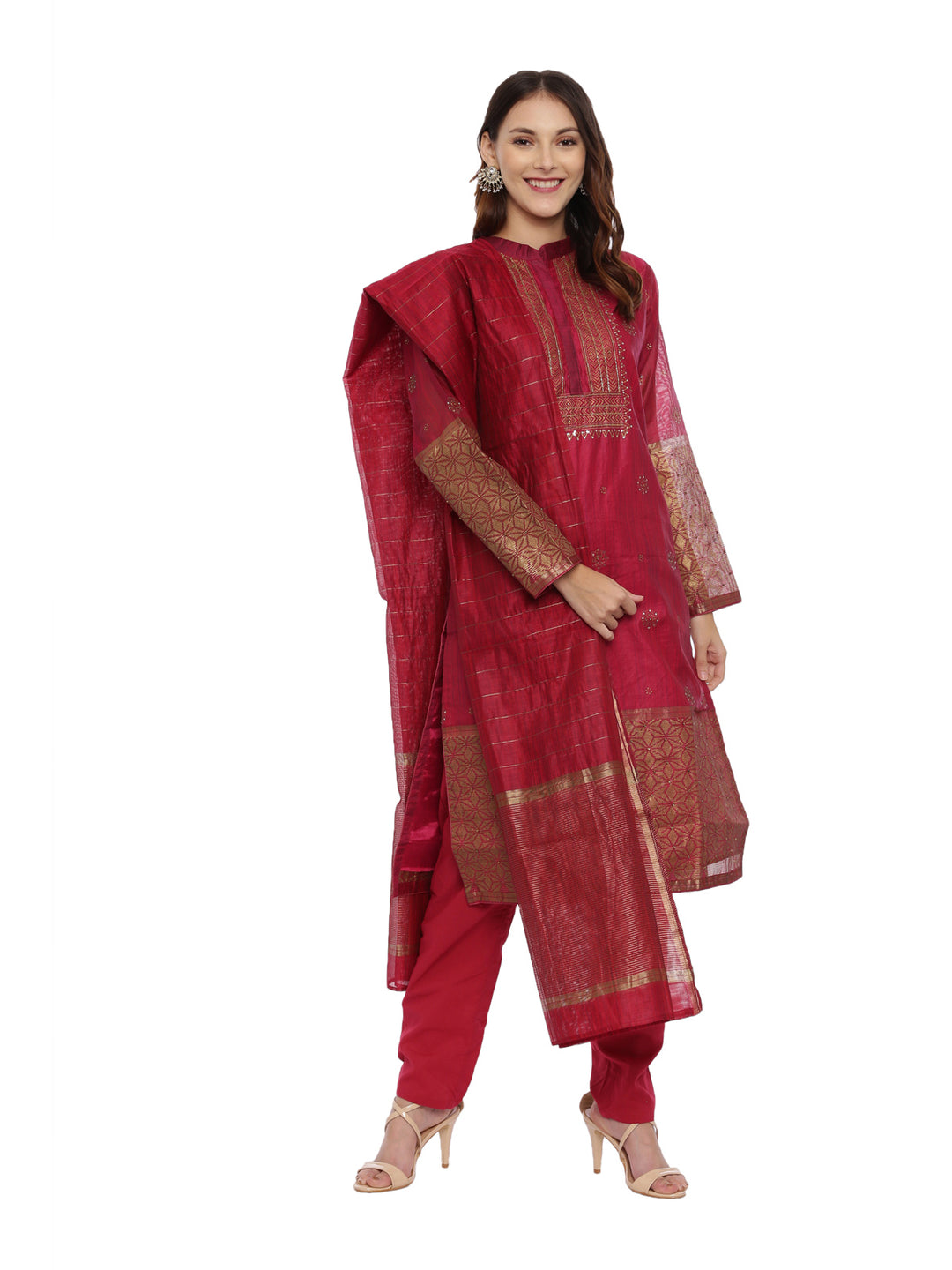 Neerus Maroon Embellished Kurta With Salwaar & Dupatta