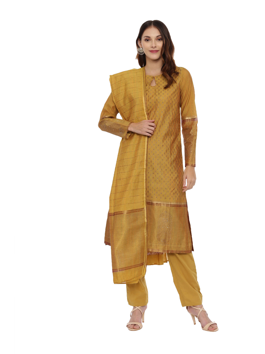 Neerus Mustard Printed Kurta With Salwaar & Dupatta