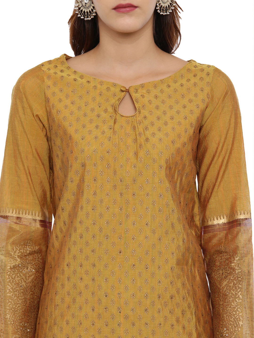 Neerus Mustard Printed Kurta With Salwaar & Dupatta