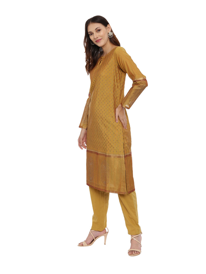 Neerus Mustard Printed Kurta With Salwaar & Dupatta