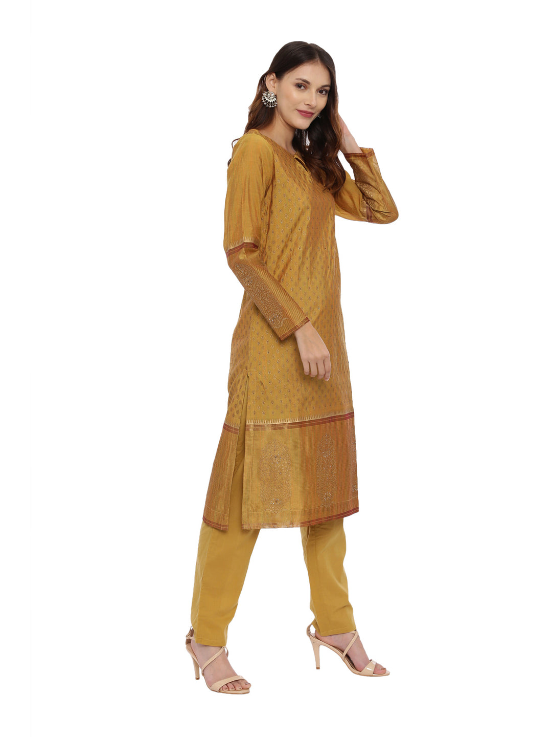 Neerus Mustard Printed Kurta With Salwaar & Dupatta