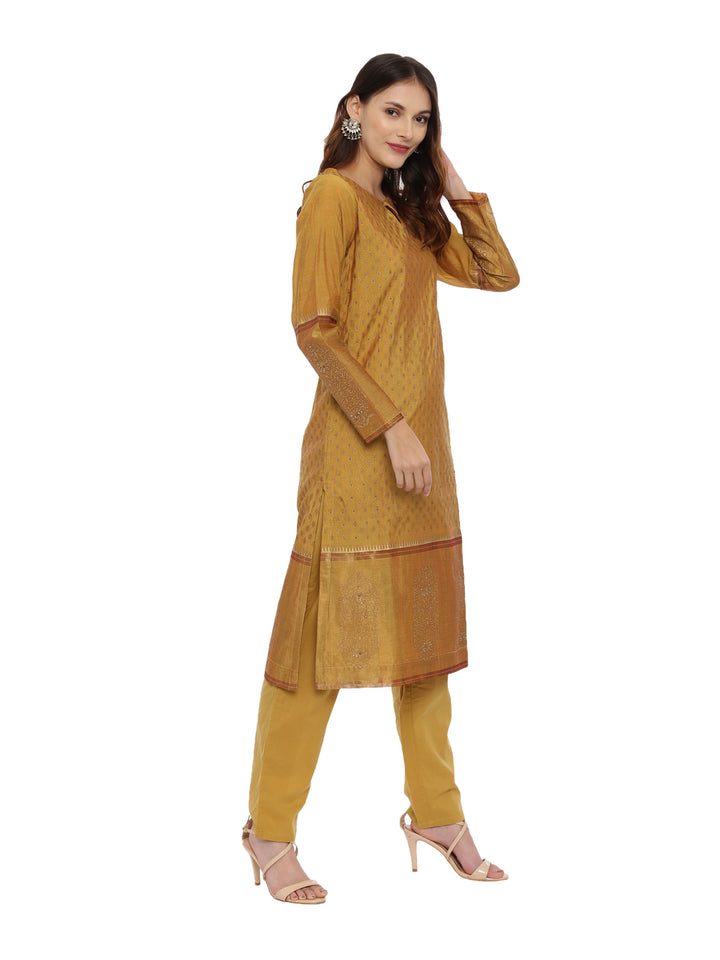 Neerus Mustard Printed Kurta With Salwaar & Dupatta