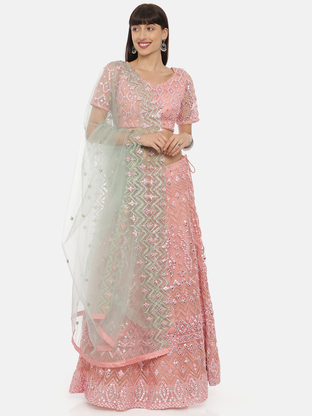 Neerus Pink net embellished lehenga ghagra set - front view
