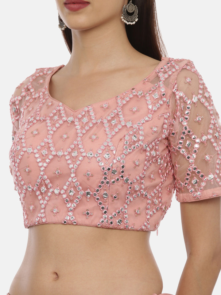 Neerus Pink net embellished lehenga ghagra set - side view