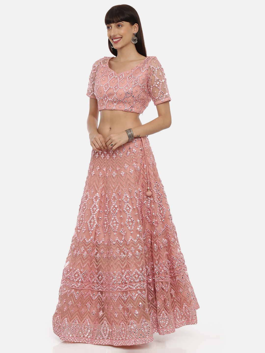 Neerus Pink net embellished lehenga ghagra set - detail view 1