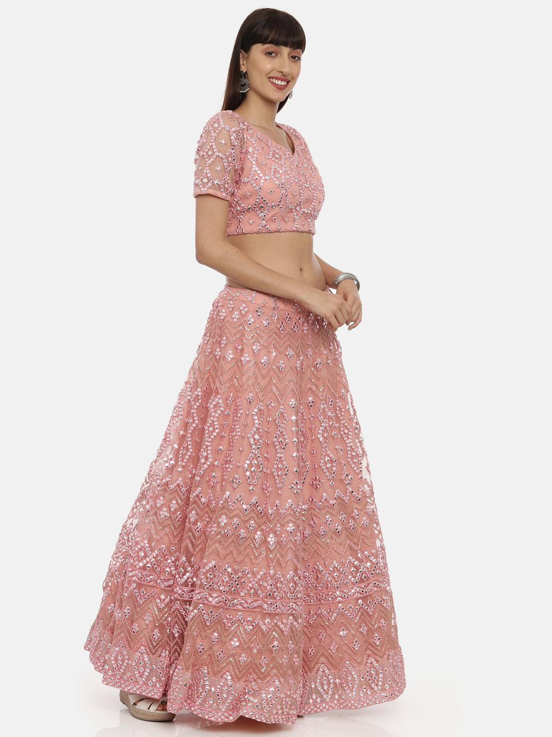 Neerus Pink net embellished lehenga ghagra set - detail view 2