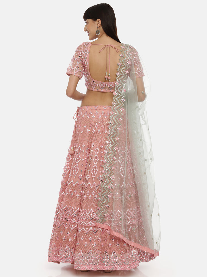 Neerus Pink net embellished lehenga ghagra set - detail view 3