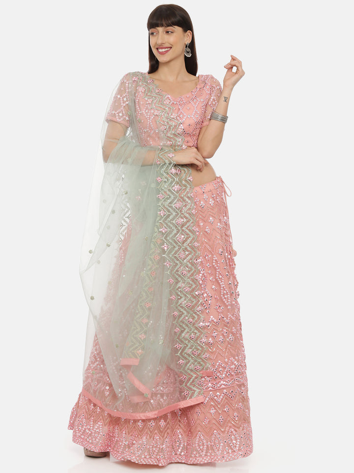 Neerus Pink net embellished lehenga ghagra set - detail view 4