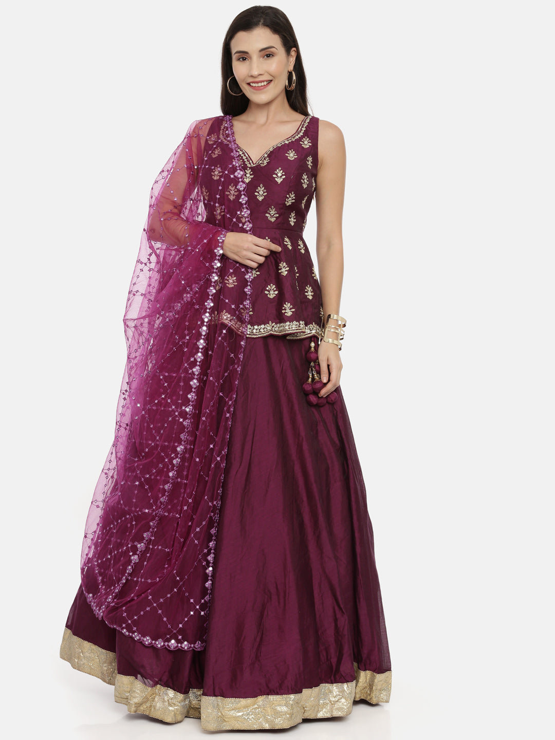 Neerus Wine Color Chanderi Fabric Ghagra Set