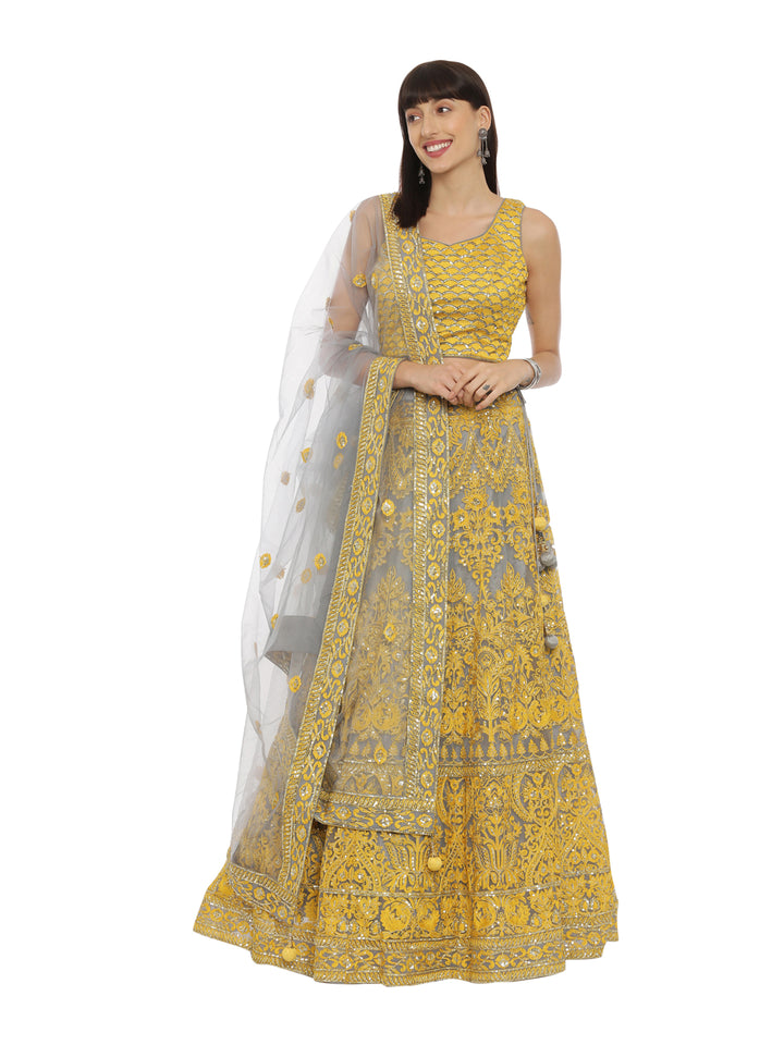 Neerus Yellow net embellished lehenga set - front view