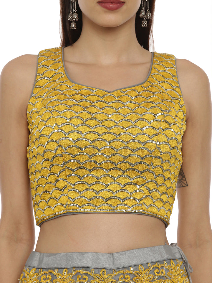 Neerus Yellow net embellished lehenga set - back view