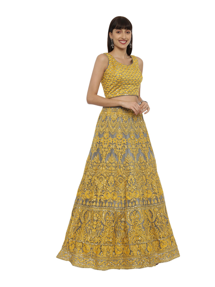 Neerus Yellow net embellished lehenga set - side view