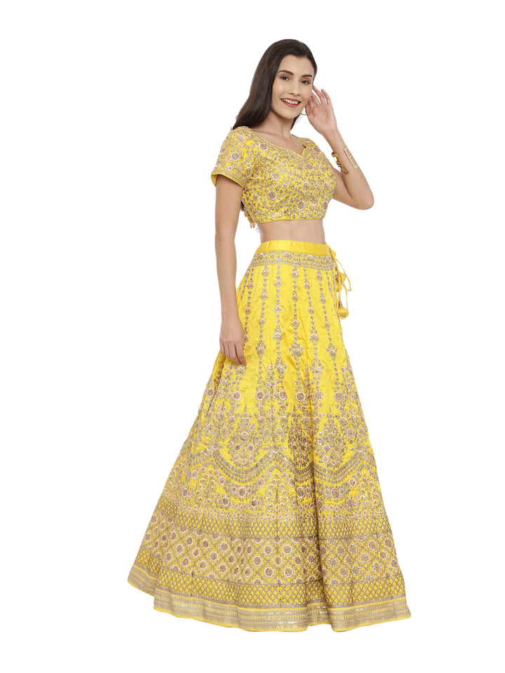 Neerus Yellow Color Velvett Fabric Ghagra Set