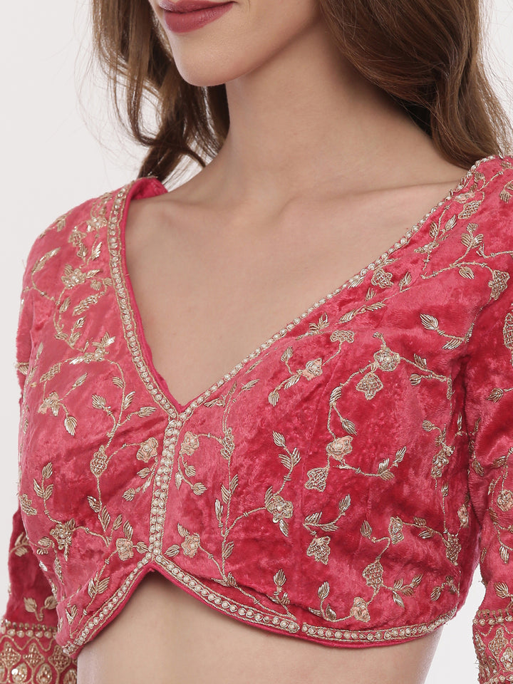 Neerus Red velvet flared lehenga set - detail view 2