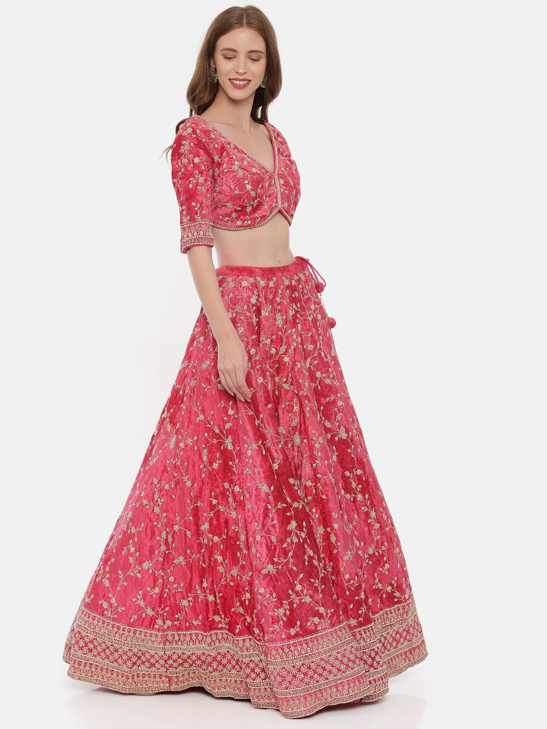 Neerus Red velvet flared lehenga set - side view