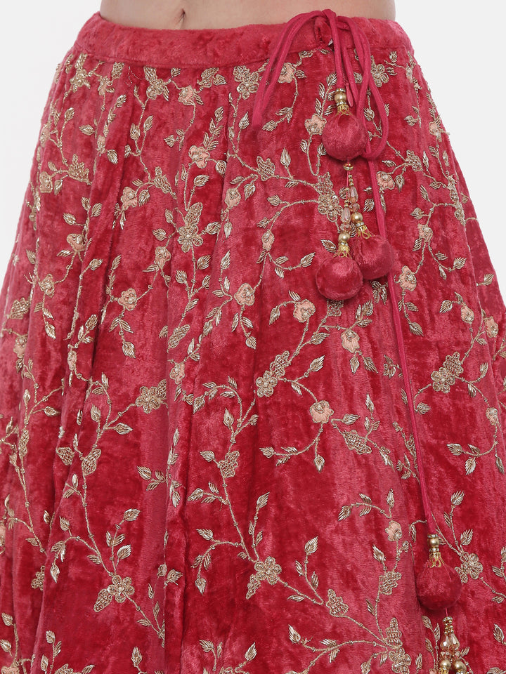 Neerus Red velvet flared lehenga set - detail view 4