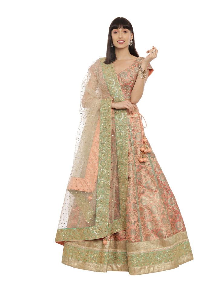 Neerus Orange silk embellished lehenga set - front view