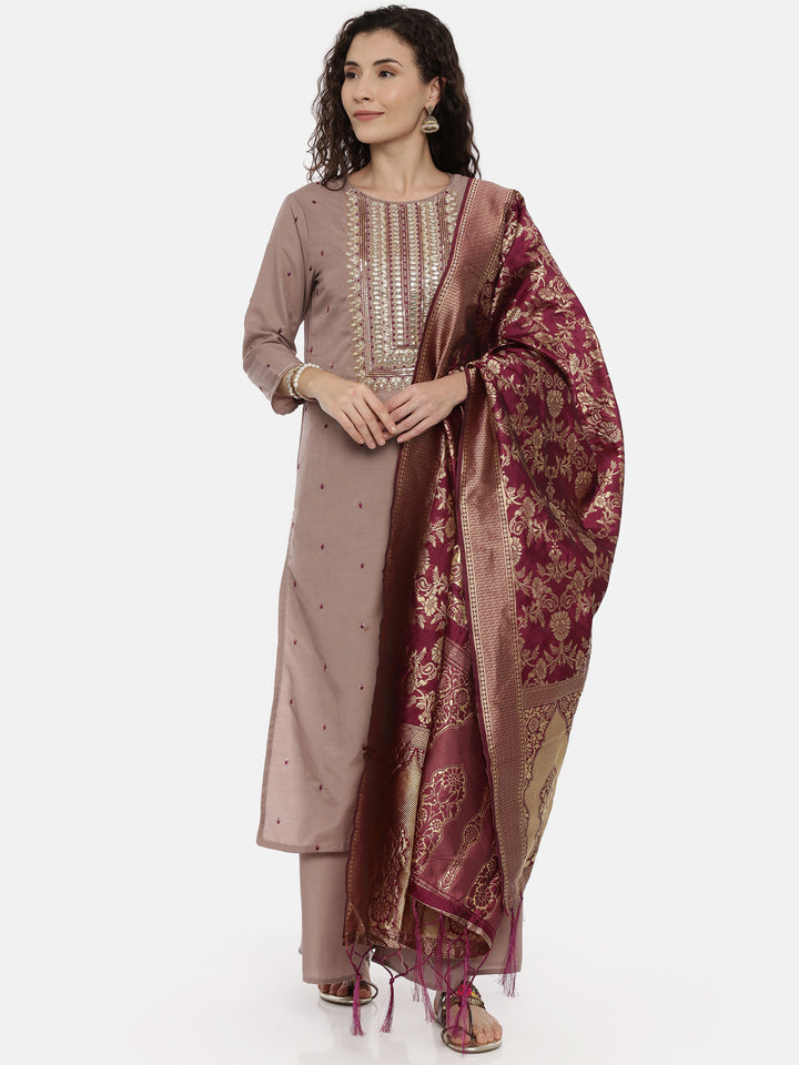 Neerus Mauve Zari Kurta With Palazzo & Dupatta