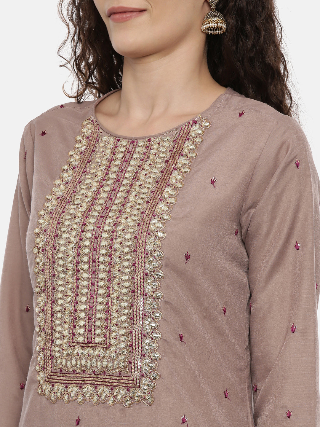 Neerus Mauve Zari Kurta With Palazzo & Dupatta