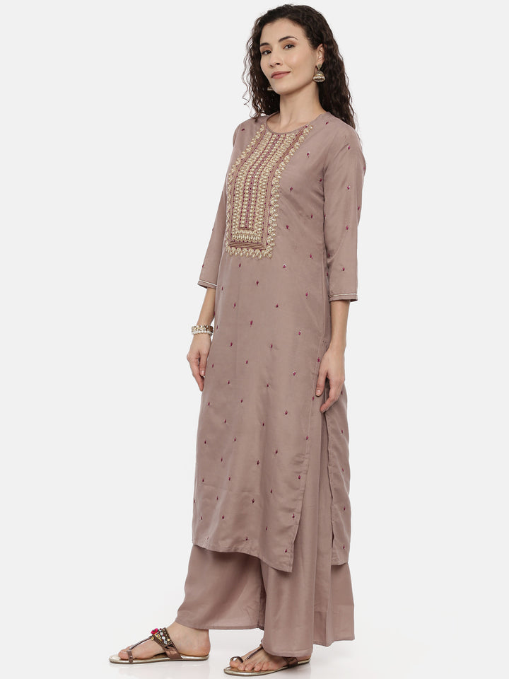 Neerus Mauve Zari Kurta With Palazzo & Dupatta