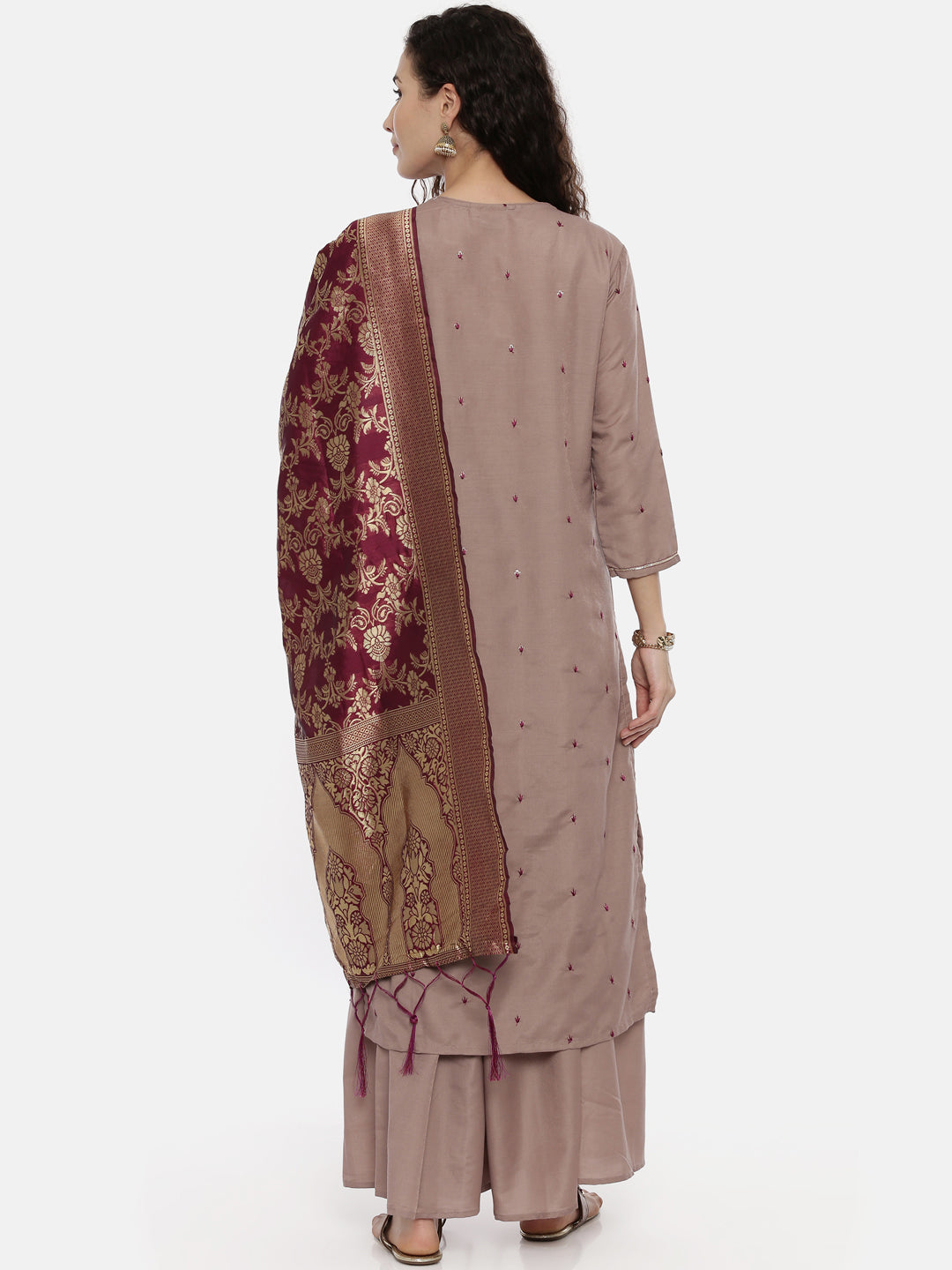 Neerus Mauve Zari Kurta With Palazzo & Dupatta