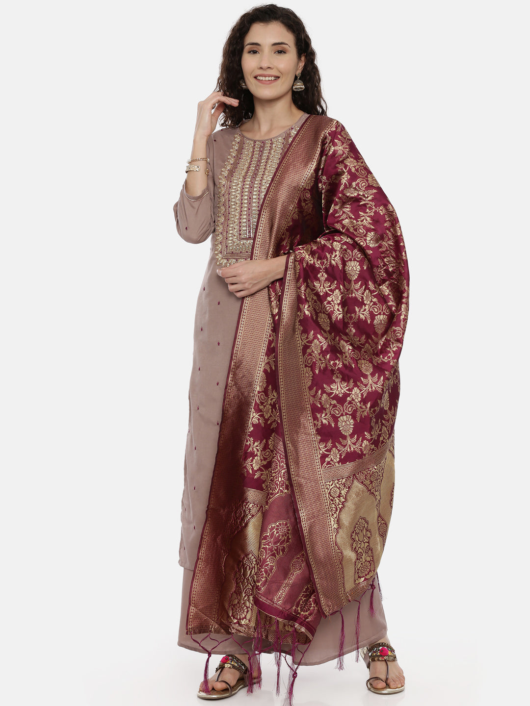 Neerus Mauve Zari Kurta With Palazzo & Dupatta