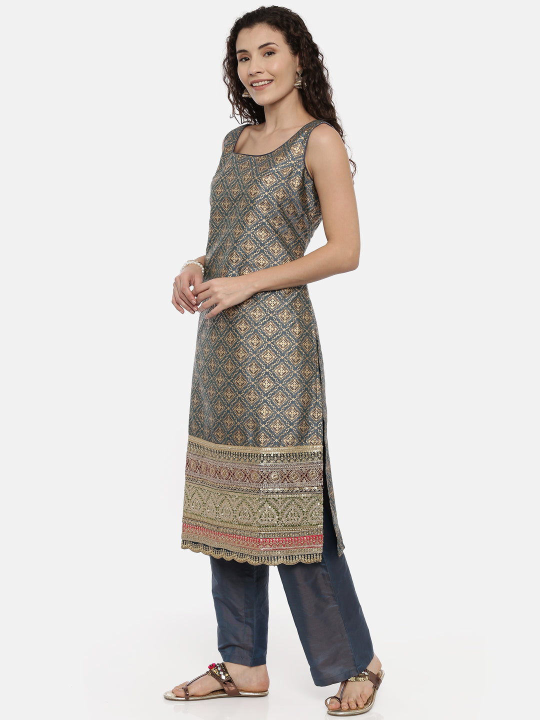 Neerus Green printed suit pant set - back view